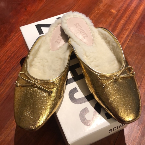 Schutz Evelin Metallic leather faux Shearling lined Gold Mule - Picture 5 of 10